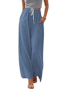 〽️Women's Wide Leg Pants Blue Polyester Drawstring Summer comfortable Drawstring